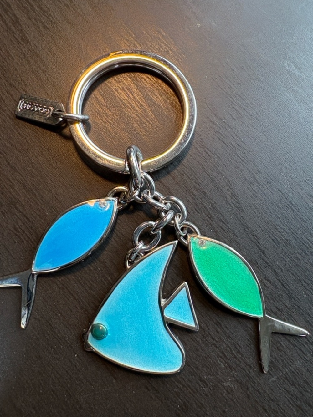 Coach Silver Keyring with Blue and Green Enamel Fish Charms - Picture 1 of 3